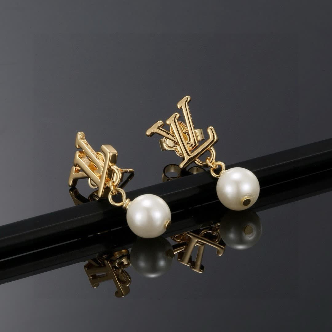 Louis Vuitton Gold 'LV' Logo Pearl Drop Earrings